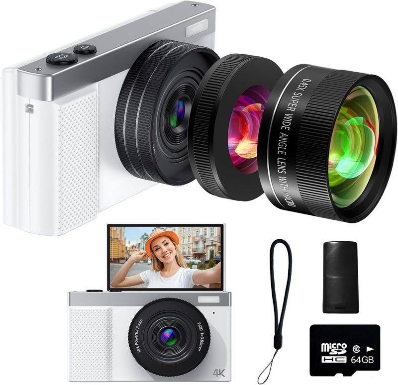 TZZPL 4K Digital Camera, 64MP Vlogging Camera for Photography with 3'' 180°Flip Screen,Macro and Wide-Angle Lenses,16X Vlogging Camera for YouTube with 64GB Micro SD Card for Beginner - Image 1